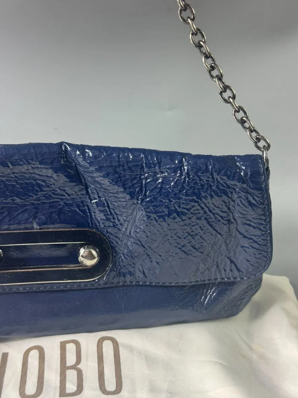 HOBO INTERNATIONAL Blue Patent Leather Envelope Hand Bag Purse Chain